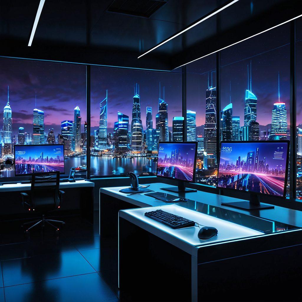 A modern cityscape at dusk with a sleek, glass-encased digital solutions headquarters in the foreground, shimmering with neon lights. A futuristic digital interface overlays the image, showing graphs, analytics, and web performance metrics. Users interacting with various devices appear seamlessly integrated into the environment, illustrating optimal user experience. Ultra-high-definition. vibrant colors. futuristic style.