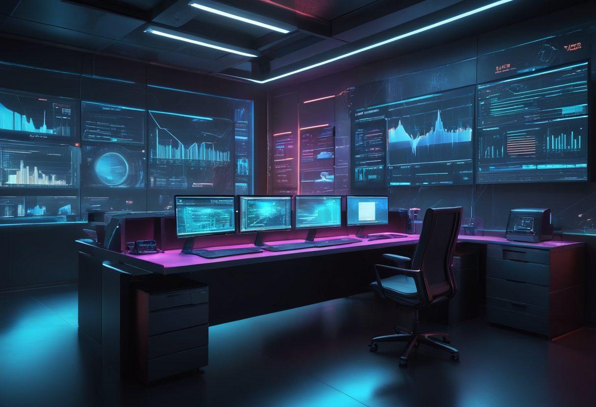 A dynamic workspace showcasing different digital elements: a sleek, modern server with glowing lights representing web hosting, an intuitive SEO dashboard with analytical charts and graphs, and a well-designed website thumbnail on a large monitor. Include a futuristic office setting with a professional at work. vibrant colors. cyberpunk. super-realistic.